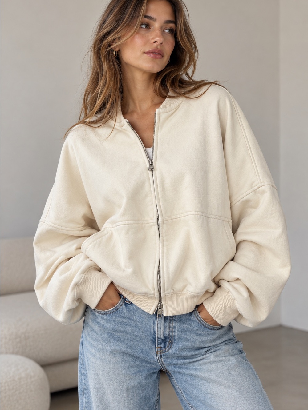Zara Cream Zip-Front Jacket